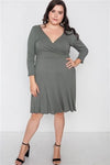 Plus Size Ribbed Military Olive V-Neck Dress - Tasha Apparel Wholesale