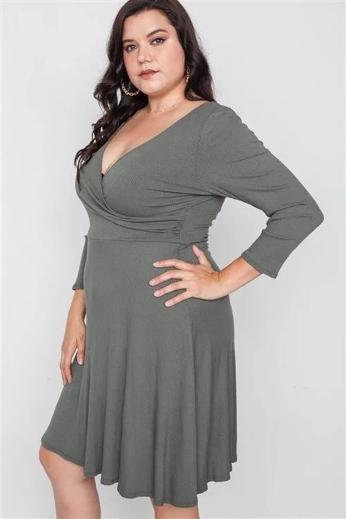 Plus Size Ribbed Military Olive V-Neck Dress - Tasha Apparel Wholesale
