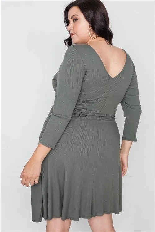 Plus Size Ribbed Military Olive V-Neck Dress - Tasha Apparel Wholesale