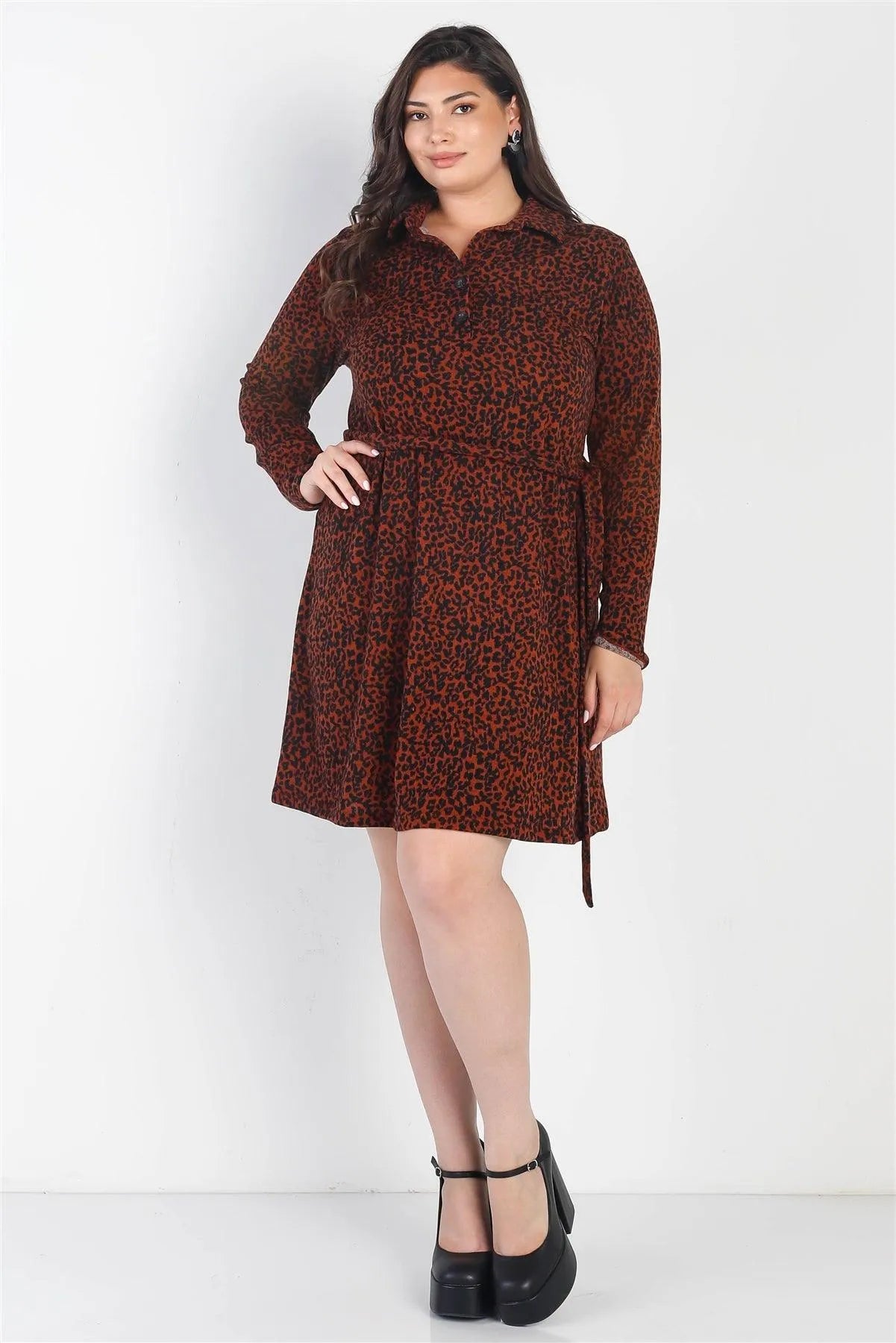 Junior Plus Rust Black Animal Print Button-Up Collared Dress /3-2-1 - Tasha Apparel Wholesale