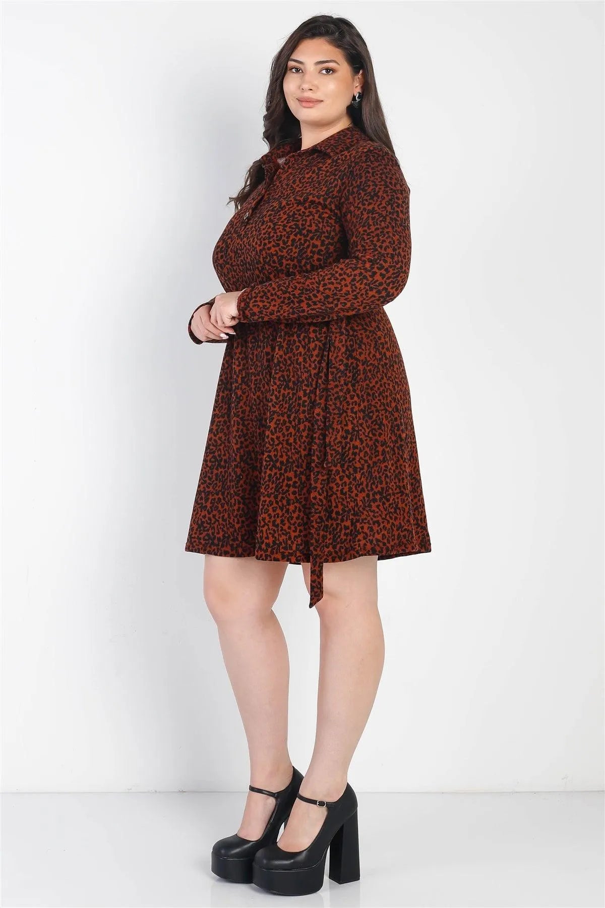 Junior Plus Rust Black Animal Print Button-Up Collared Dress /3-2-1 - Tasha Apparel Wholesale