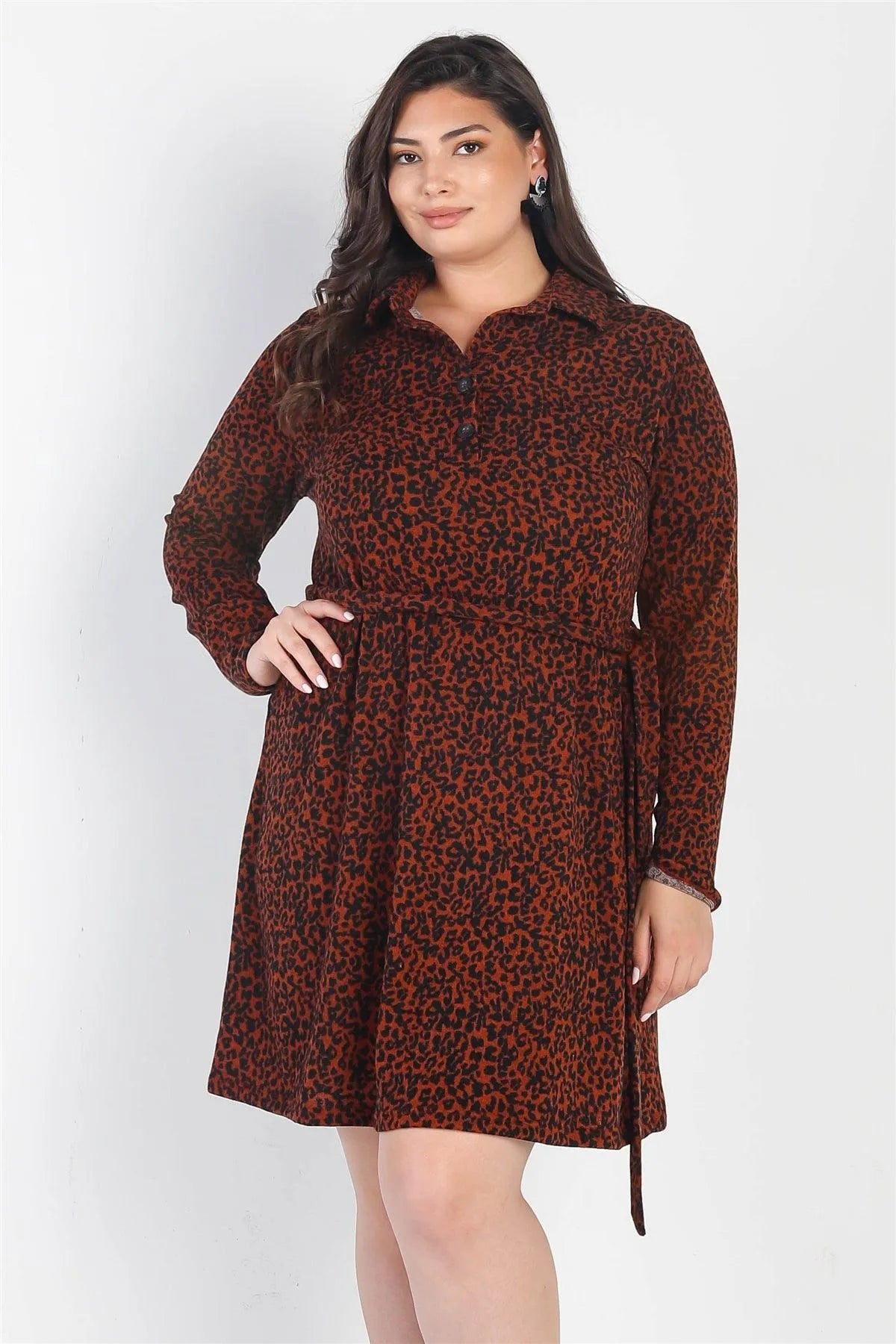 Junior Plus Rust Black Animal Print Button-Up Collared Dress /3-2-1 - Tasha Apparel Wholesale