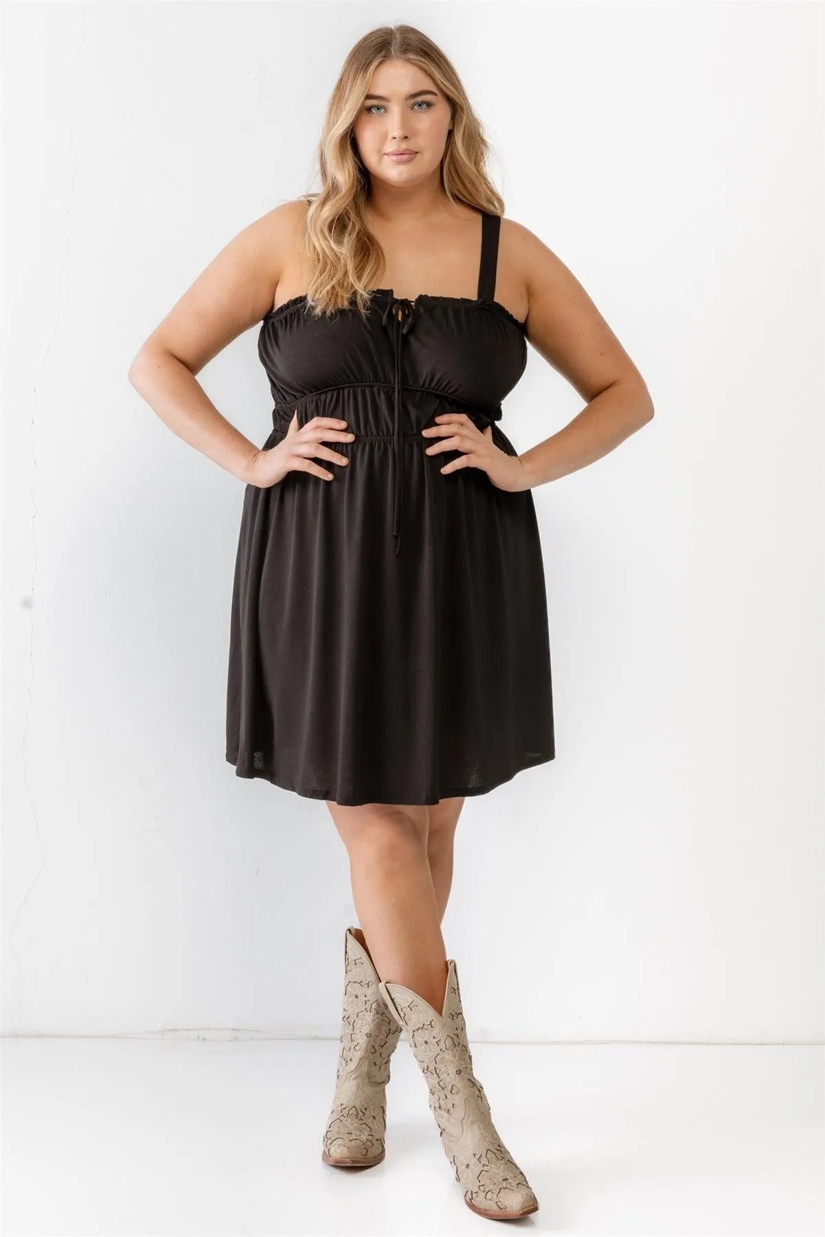 Junior Plus Black Woven Ruffle Sleeveless Mini Dress /3-2-1 - Tasha Apparel Wholesale
