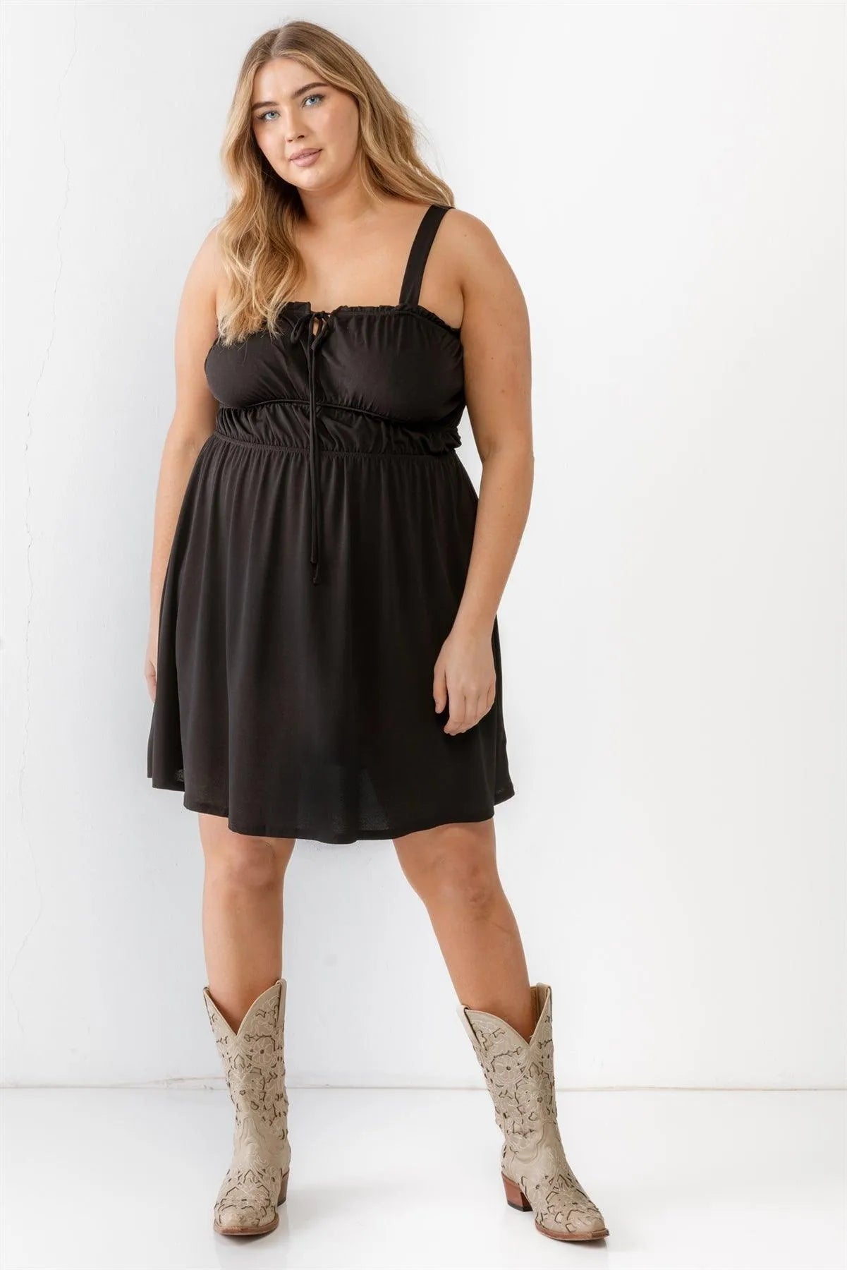 Junior Plus Black Woven Ruffle Sleeveless Mini Dress /3-2-1 - Tasha Apparel Wholesale