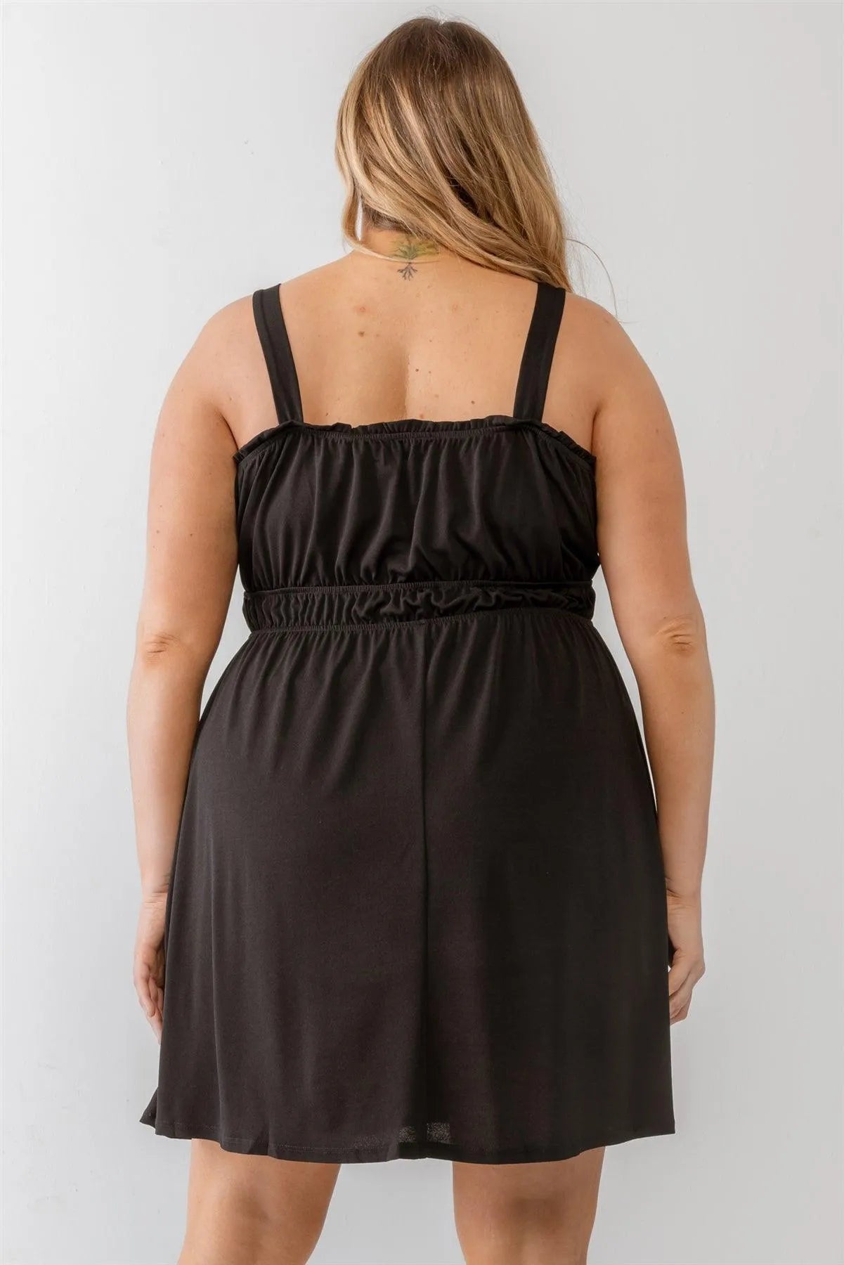 Junior Plus Black Woven Ruffle Sleeveless Mini Dress /4-2-1 - Tasha Apparel Wholesale