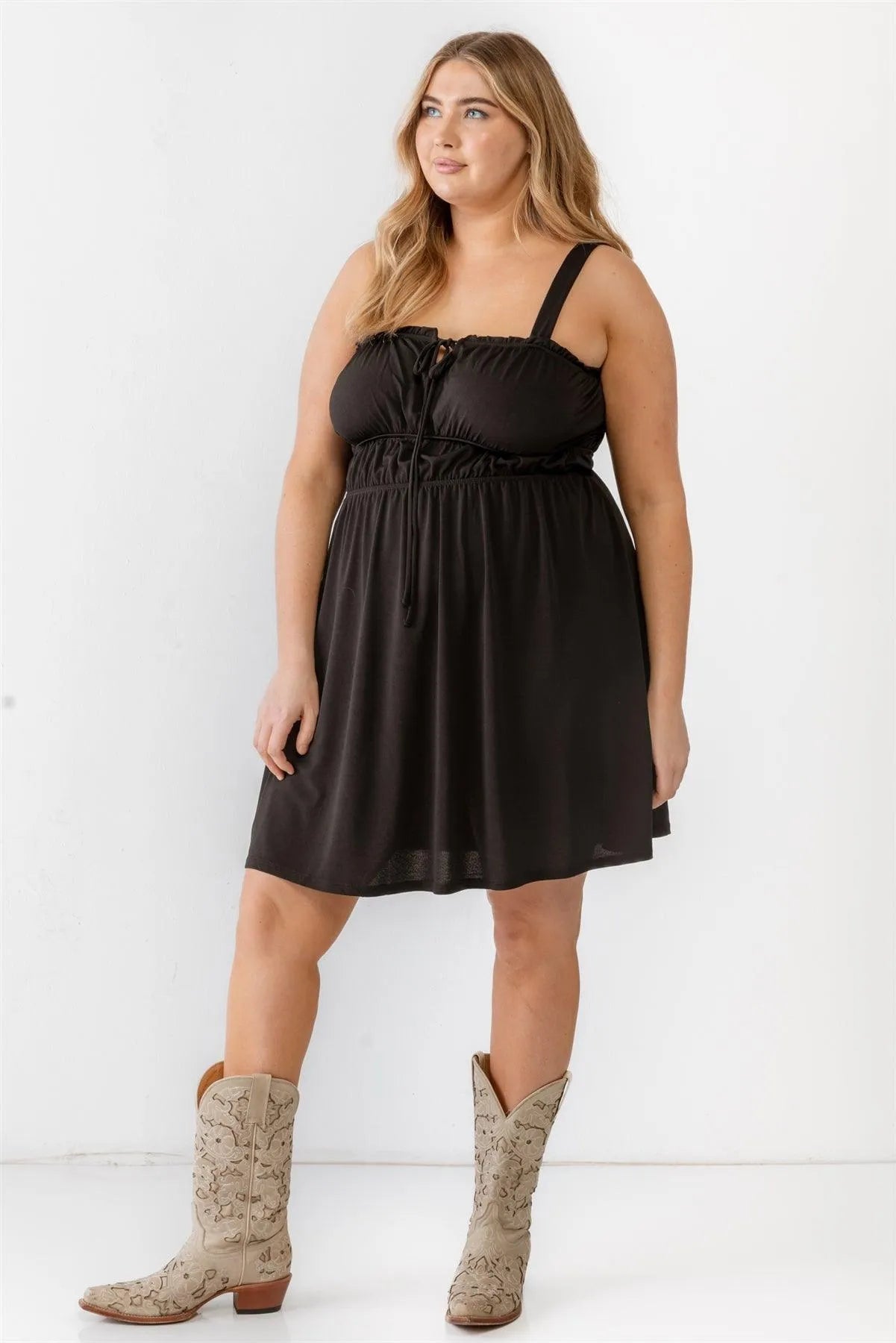 Junior Plus Black Woven Ruffle Sleeveless Mini Dress /4-2-1 - Tasha Apparel Wholesale