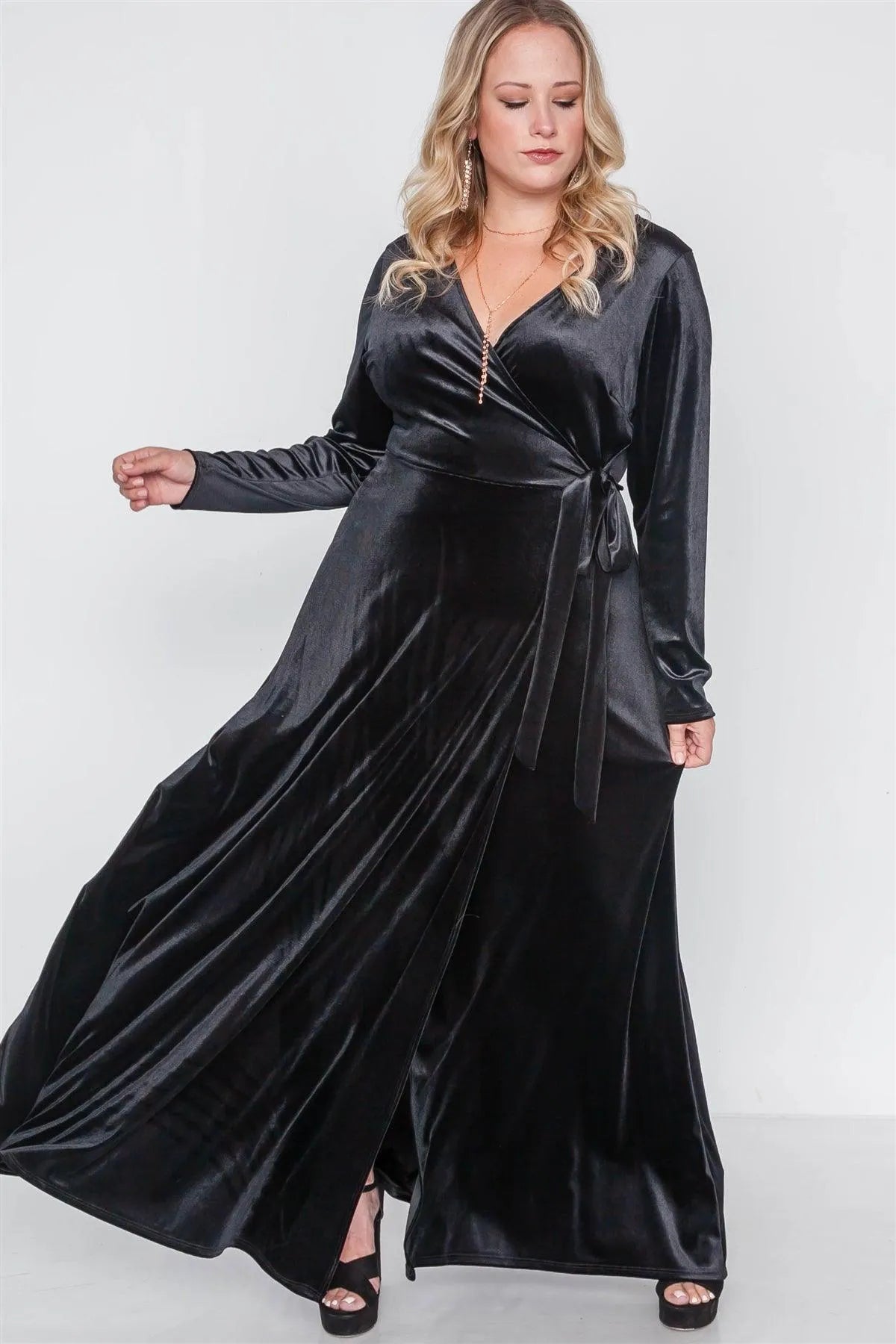 Plus Size Black Velvet Surplice Neck Maxi Dress - Tasha Apparel Wholesale