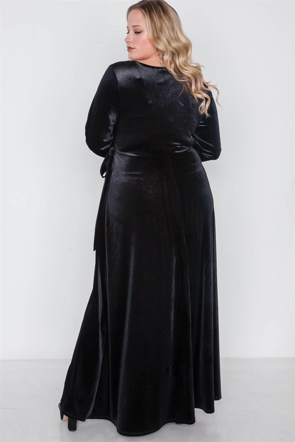 Plus Size Black Velvet Surplice Neck Maxi Dress