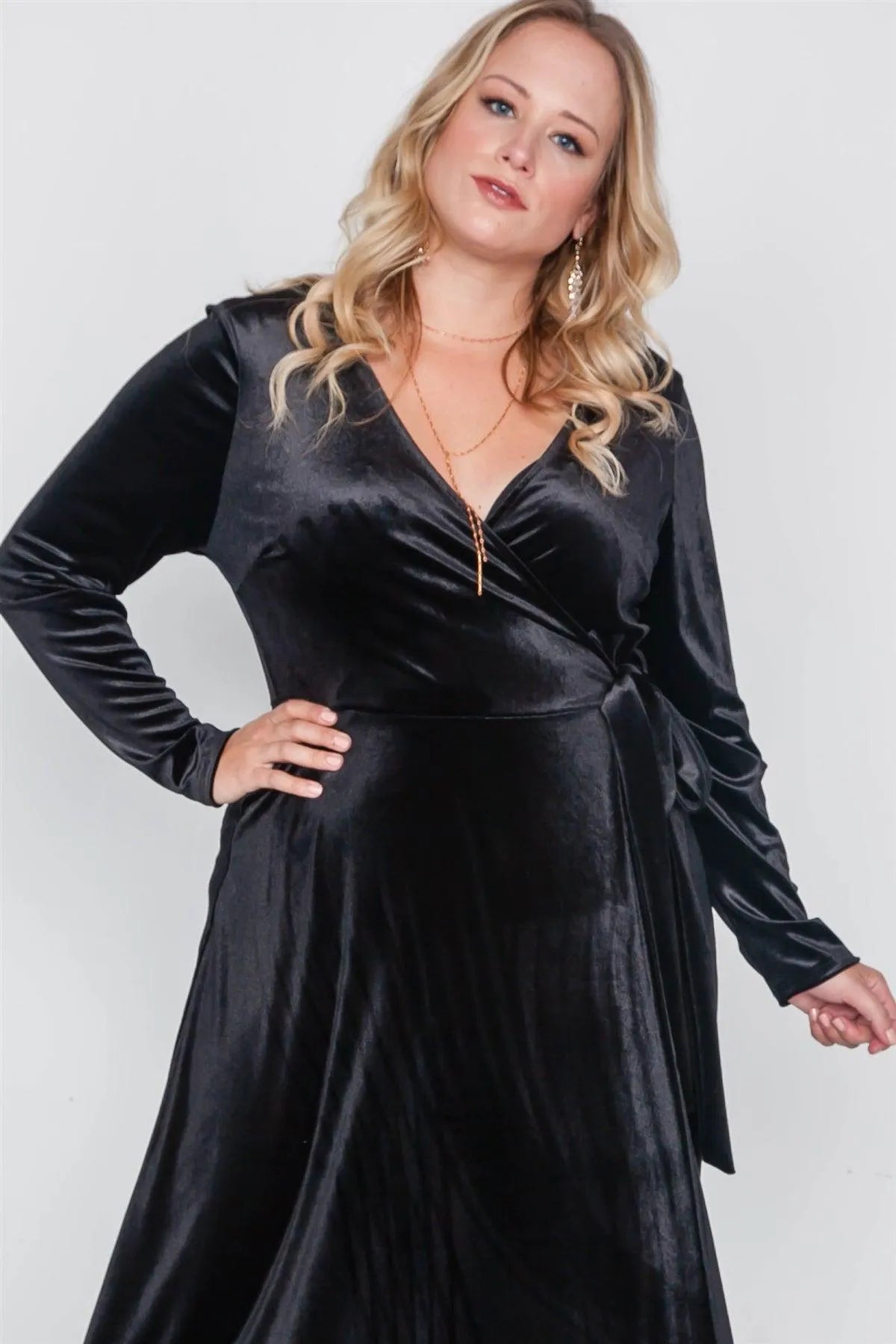 Plus Size Black Velvet Surplice Neck Maxi Dress - Tasha Apparel Wholesale