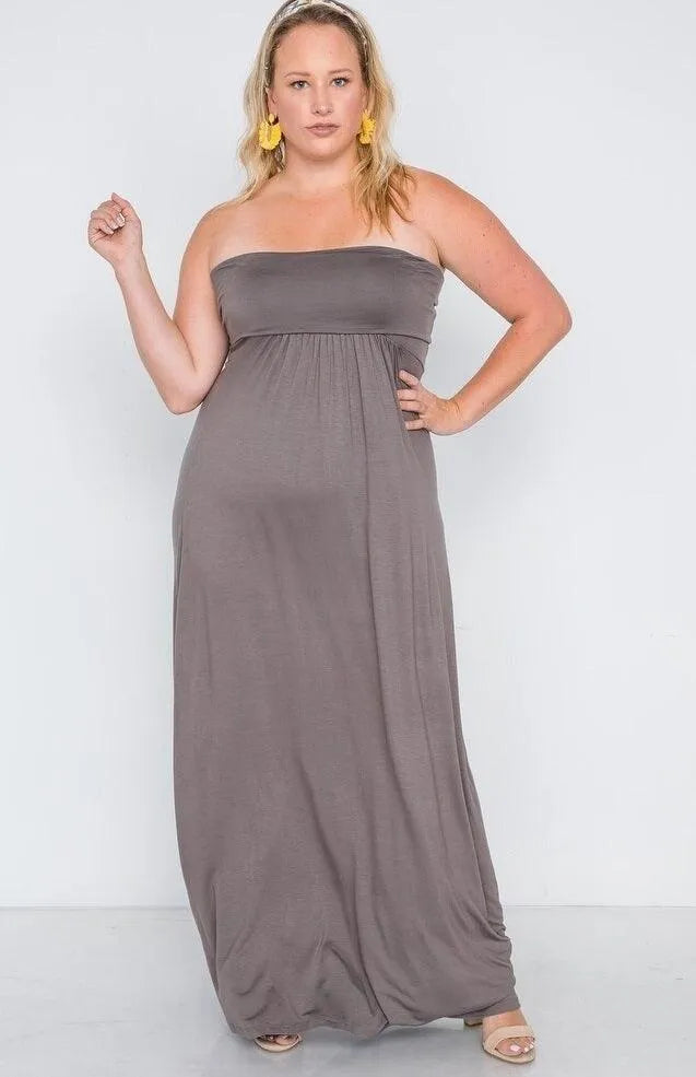 Plus Size Brown Solid Strapless Maxi Tube Dress - Tasha Apparel Wholesale