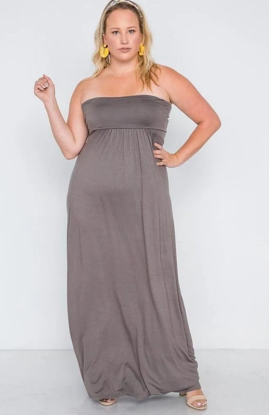 Plus Size Brown Solid Strapless Maxi Tube Dress - Tasha Apparel Wholesale