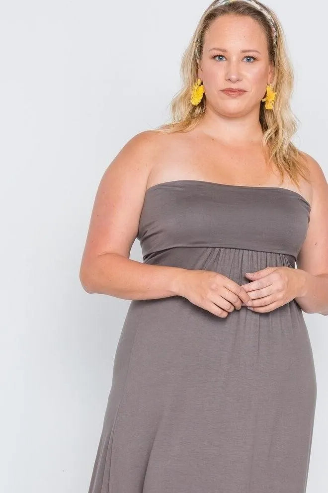 Plus Size Brown Solid Strapless Maxi Tube Dress - Tasha Apparel Wholesale