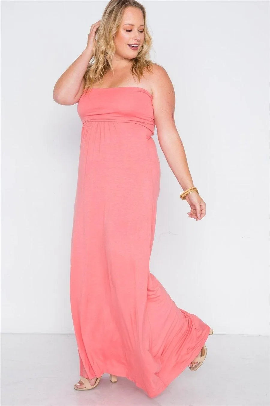 Plus Size Coral Solid Strapless Maxi Tube Dress - Tasha Apparel Wholesale