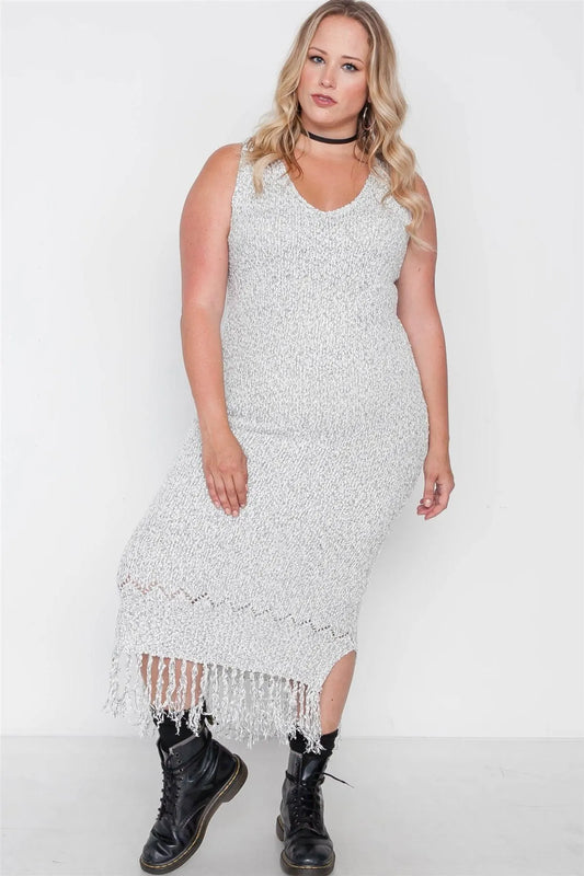 Plus Size Marled Natural Sleeveless Fringe Maxi Dress - Tasha Apparel Wholesale