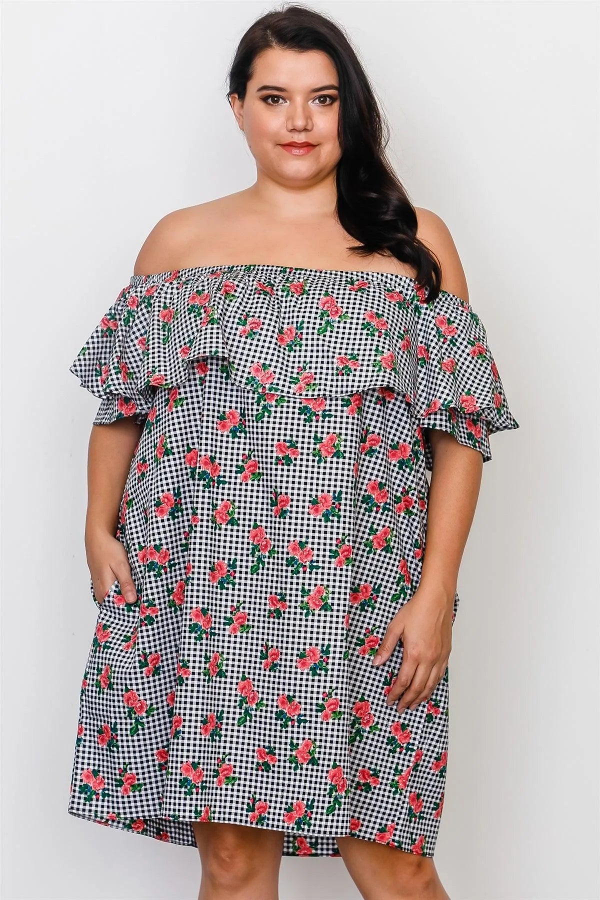 Junior Plus Size Black Flounce Off The Shoulder Side Pockets Mini Dress /2-2-2 - Tasha Apparel Wholesale