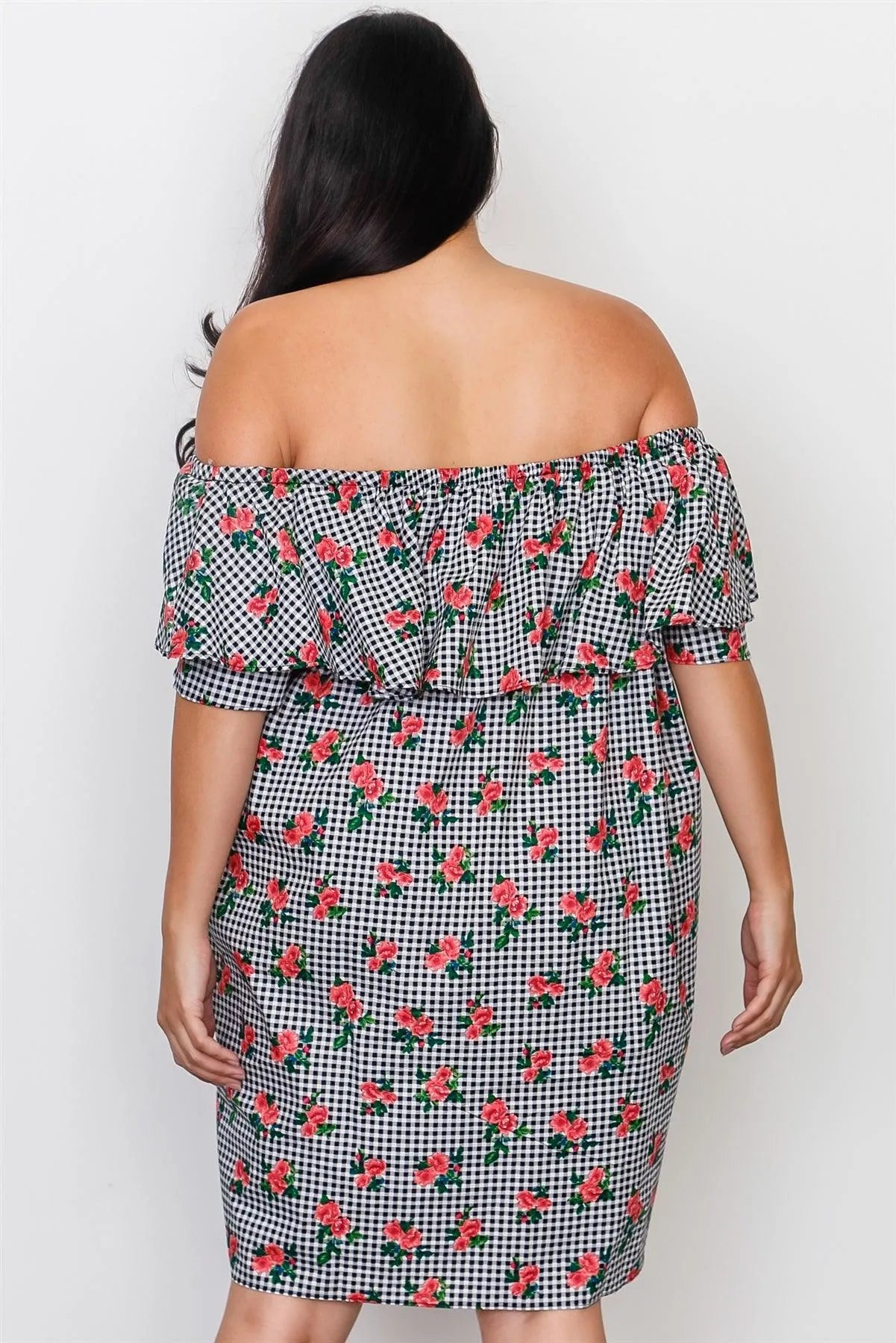 Junior Plus Size Black Flounce Off The Shoulder Side Pockets Mini Dress /2-2-2 - Tasha Apparel Wholesale