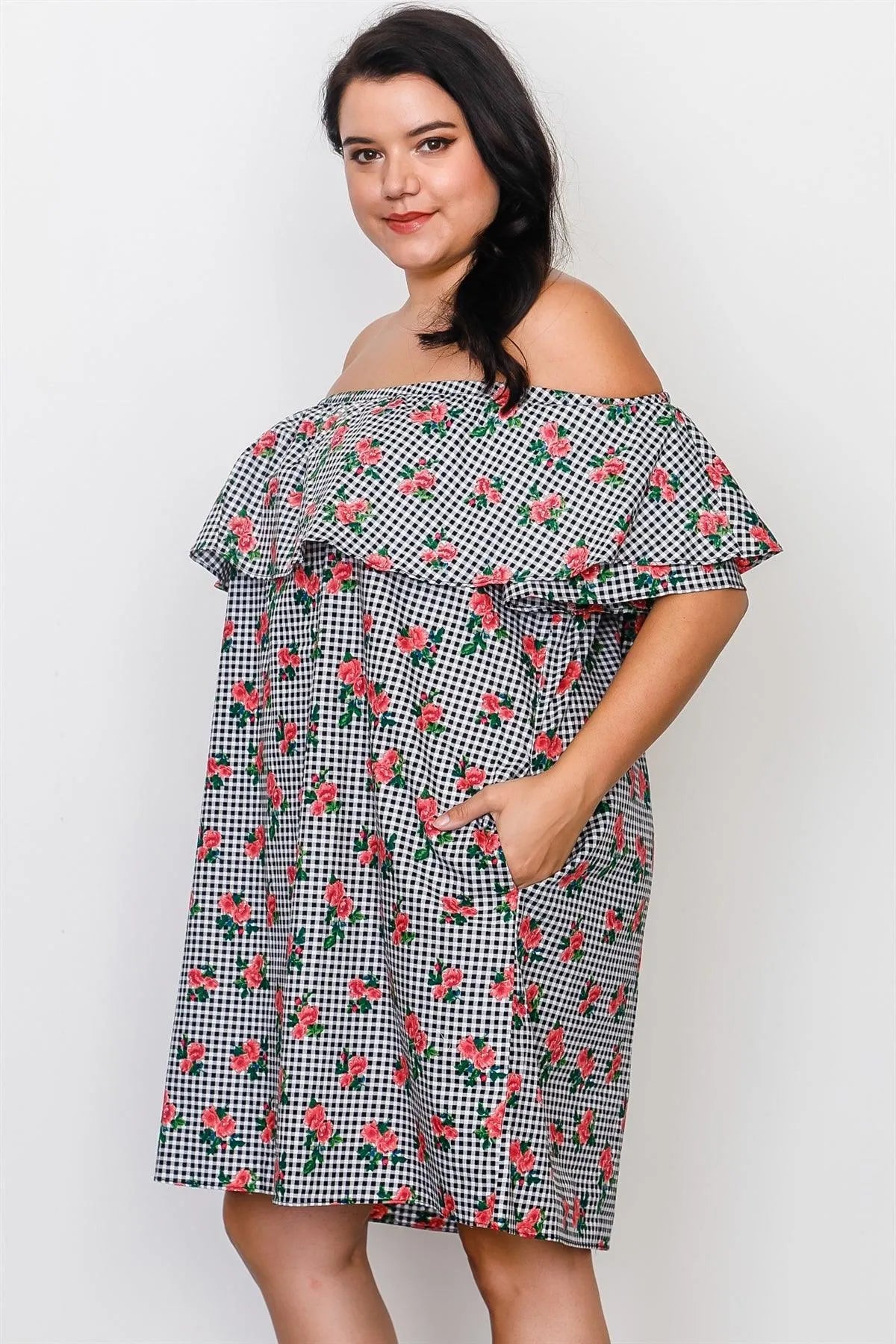 Junior Plus Size Black Flounce Off The Shoulder Side Pockets Mini Dress /2-2-2 - Tasha Apparel Wholesale