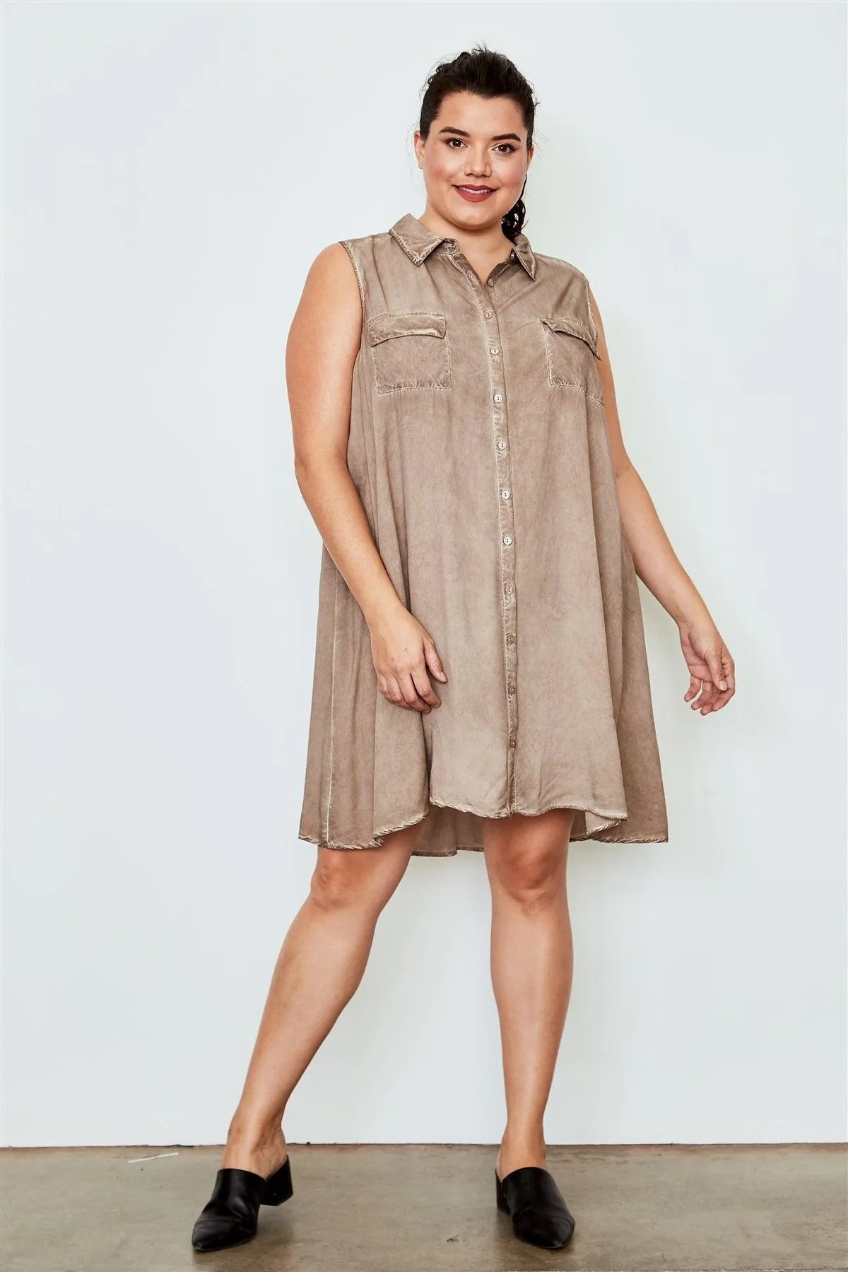 Junior Plus Size Tan Acid Washed Tunic Mini Dress /2-3 - Tasha Apparel Wholesale
