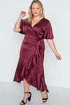 Plus Size Burgundy Satin Flounce Dress - Tasha Apparel Wholesale