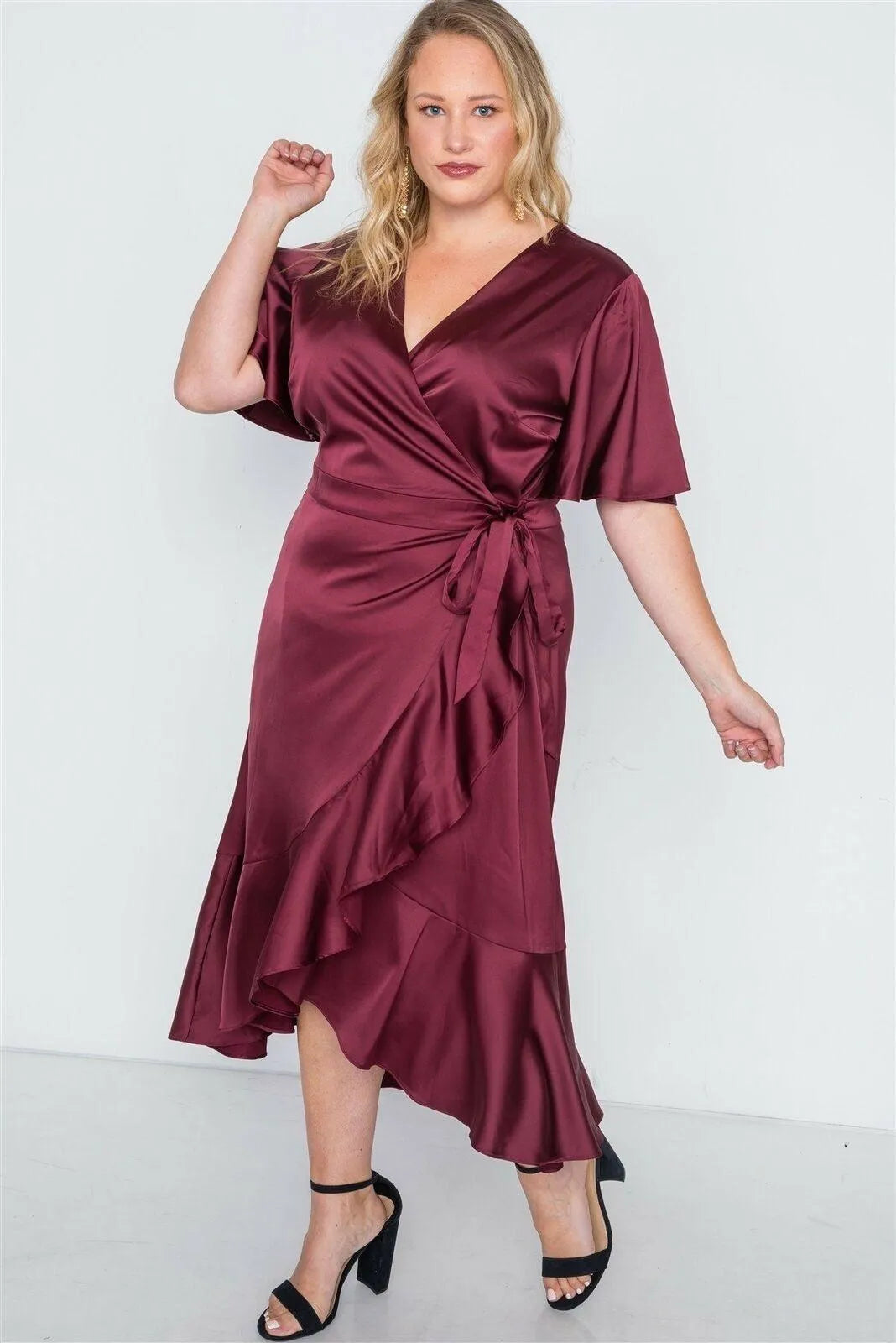 Plus Size Burgundy Satin Flounce Dress - Tasha Apparel Wholesale