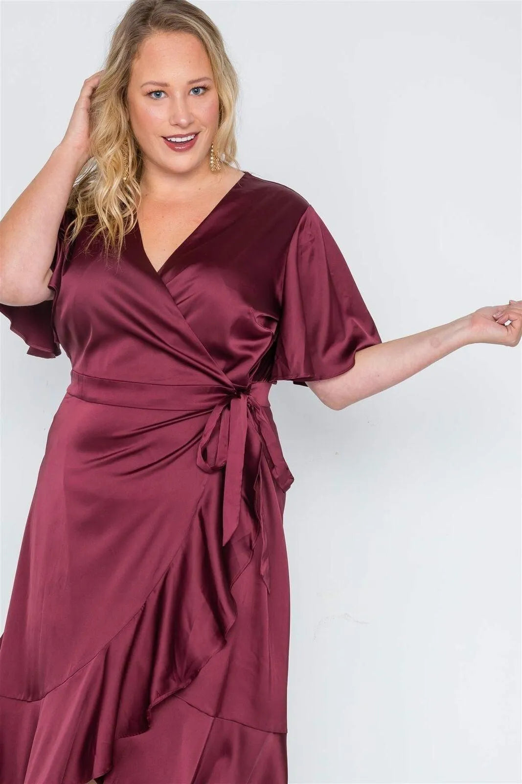 Plus Size Burgundy Satin Flounce Dress - Tasha Apparel Wholesale