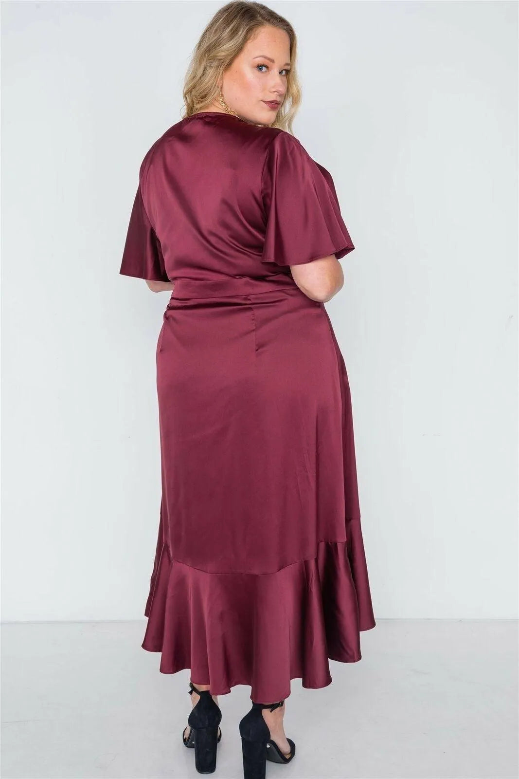 Plus Size Burgundy Satin Flounce Dress - Tasha Apparel Wholesale