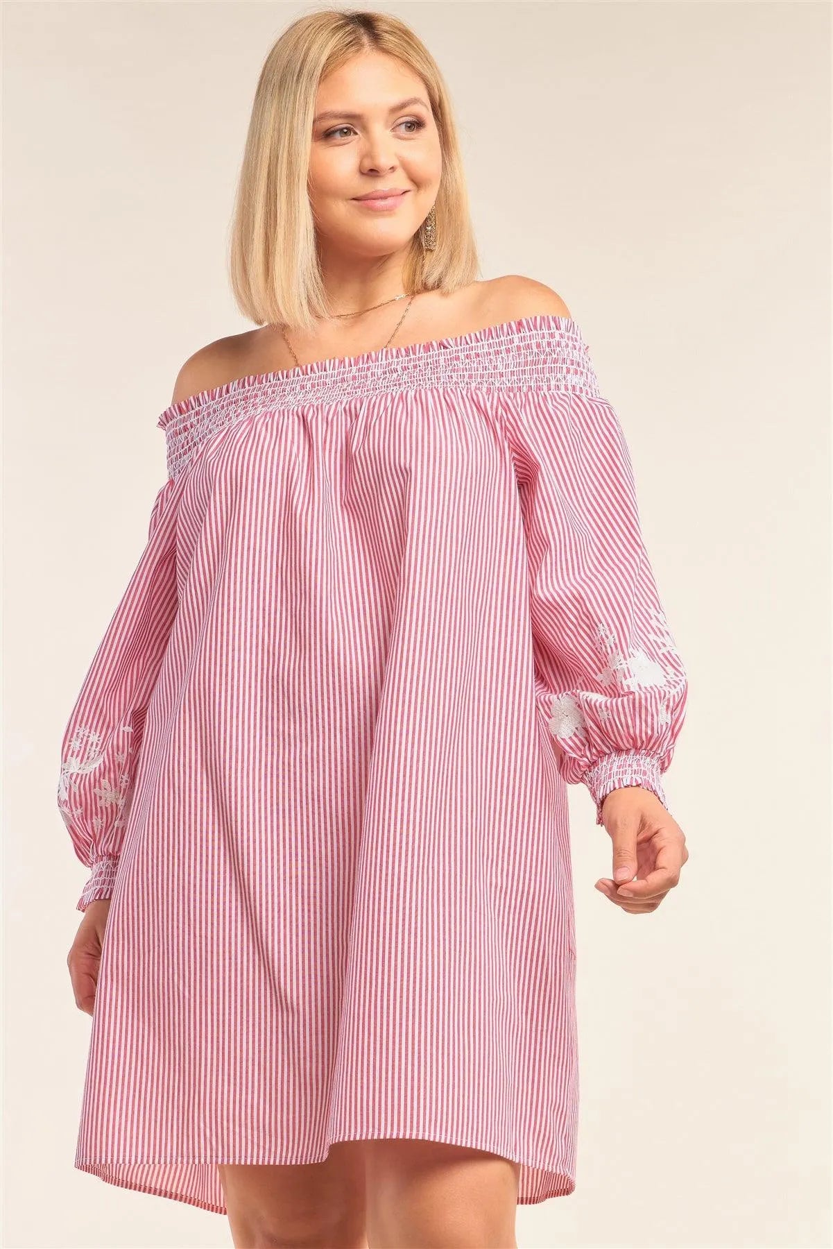 Junior Plus Size Red And White Floral Embroidered Long Balloon Sleeve Mini Dress - Tasha Apparel Wholesale