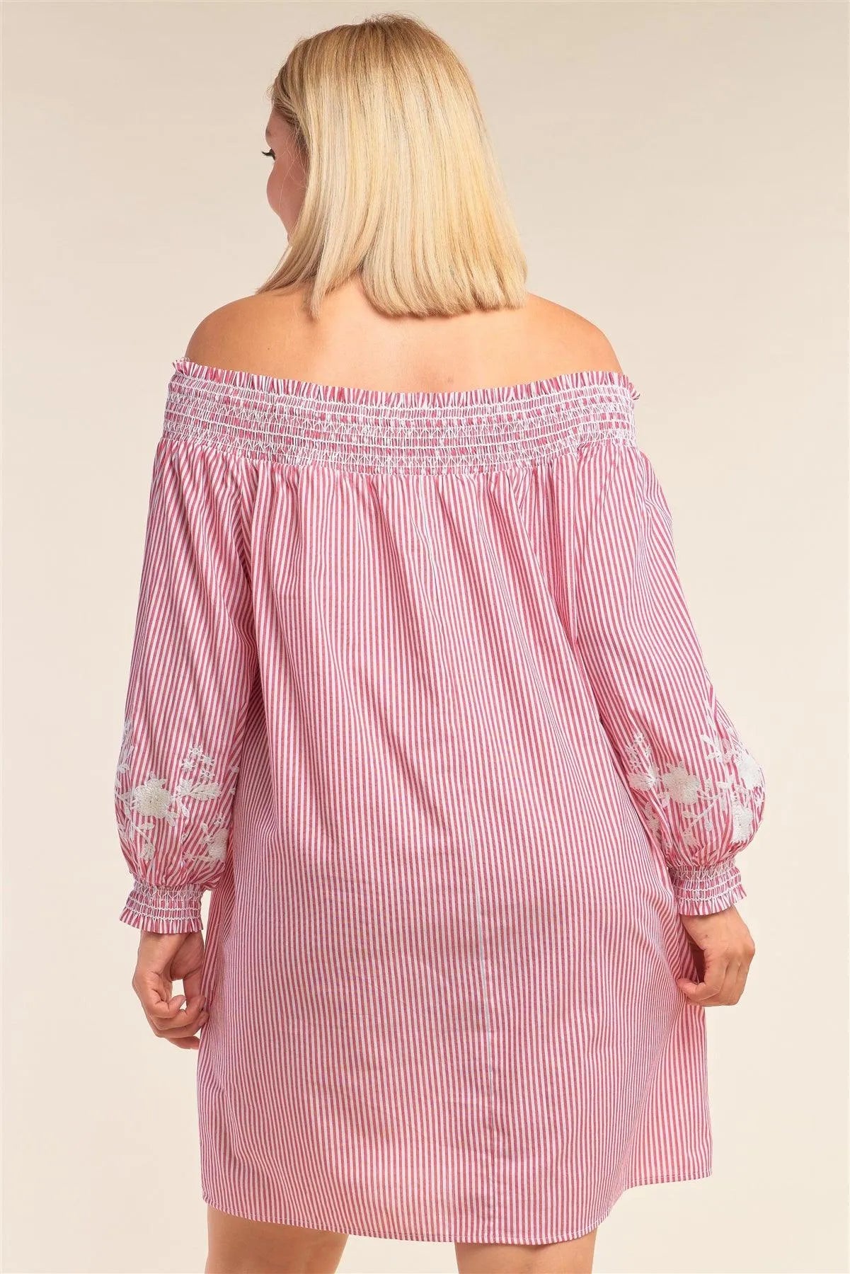 Junior Plus Size Red And White Floral Embroidered Long Balloon Sleeve Mini Dress - Tasha Apparel Wholesale