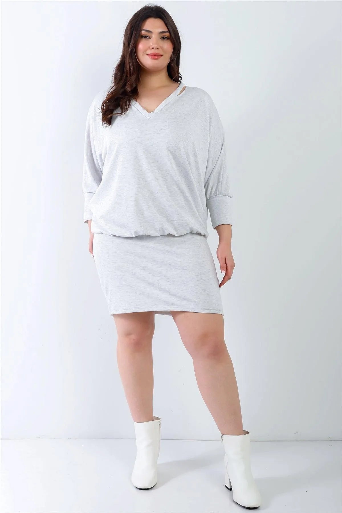 Junior Plus Grey Cut-Out Neck Details Dolman Midi Sleeve Midi Dress /1-1-1 - Tasha Apparel Wholesale