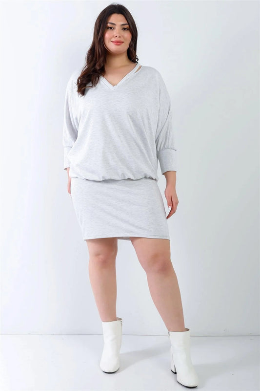 Junior Plus Grey Cut-Out Neck Details Dolman Midi Sleeve Midi Dress /1-1-1 - Tasha Apparel Wholesale