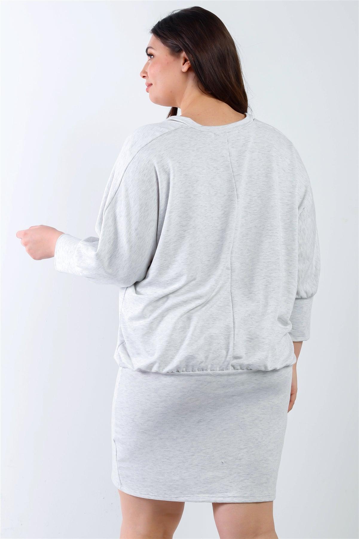Junior Plus Grey Cut-Out Neck Details Dolman Midi Sleeve Mini Dress /1-1-1