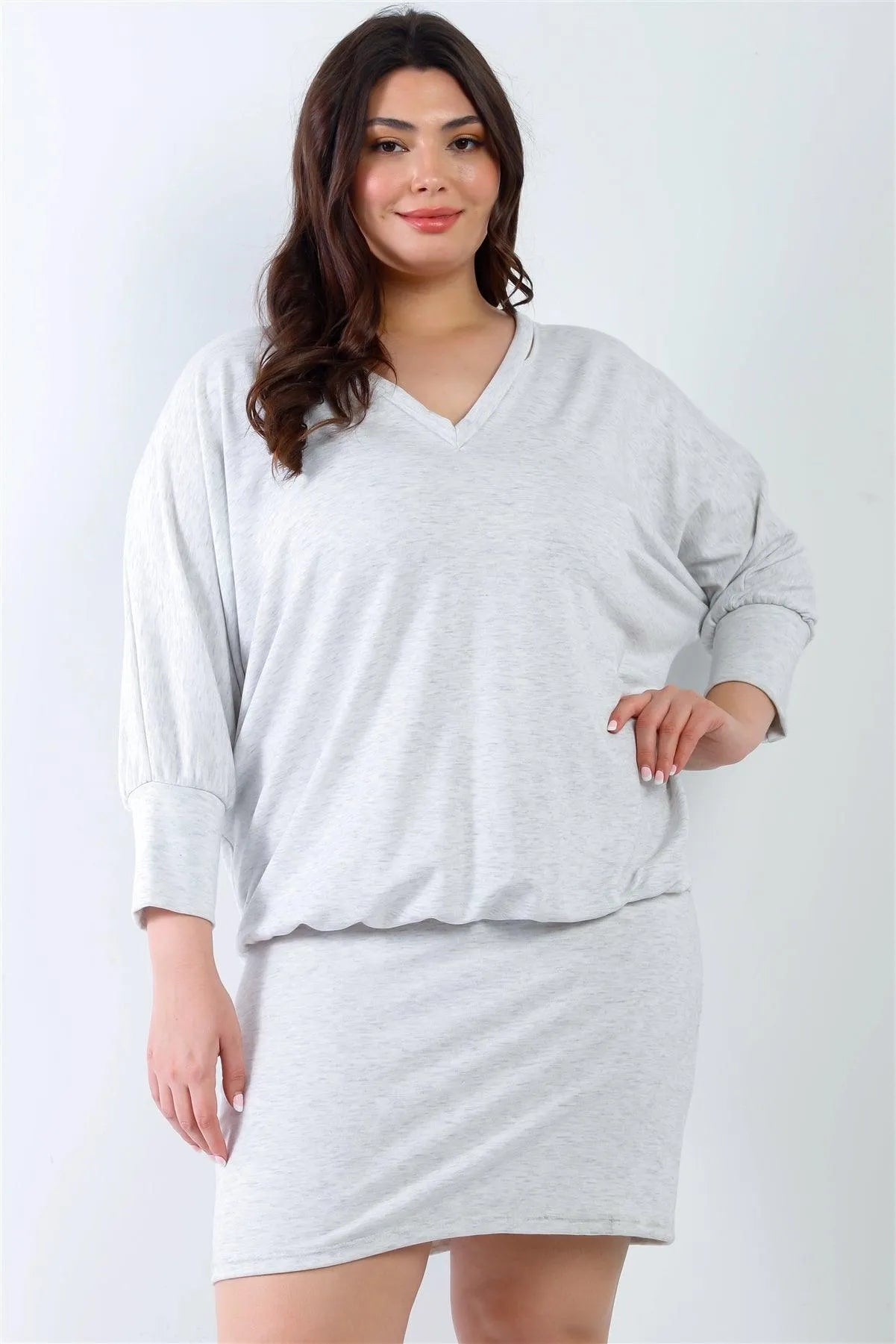Junior Plus Grey Cut-Out Neck Details Dolman Midi Sleeve Midi Dress /1-1-1 - Tasha Apparel Wholesale