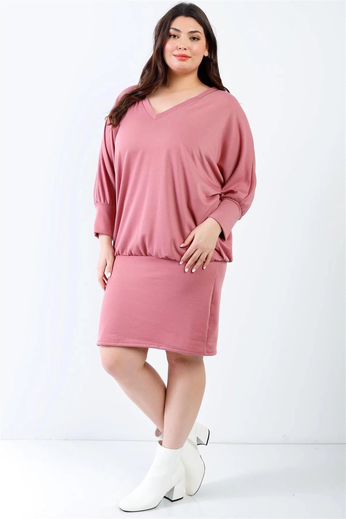 Junior Plus Mauve Cut-Out Neck Details Dolman Sleeve Midi Dress /1-1-1 - Tasha Apparel Wholesale