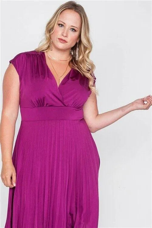 Plus Size Berry Pleat Accordion Fit & Flair Dress - Tasha Apparel Wholesale