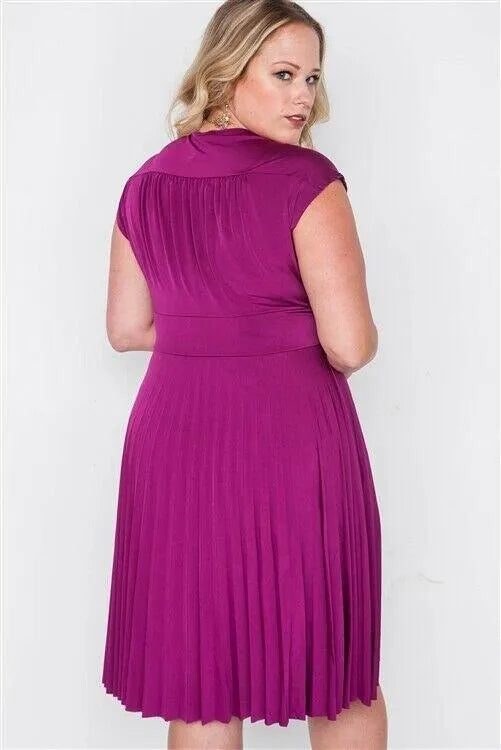 Plus Size Berry Pleat Accordion Fit & Flair Dress - Tasha Apparel Wholesale