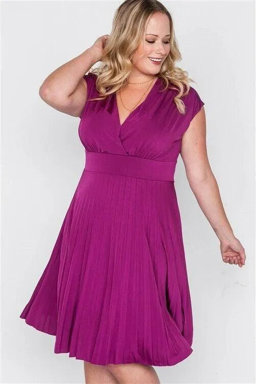 Plus Size Berry Pleat Accordion Fit & Flair Dress - Tasha Apparel Wholesale