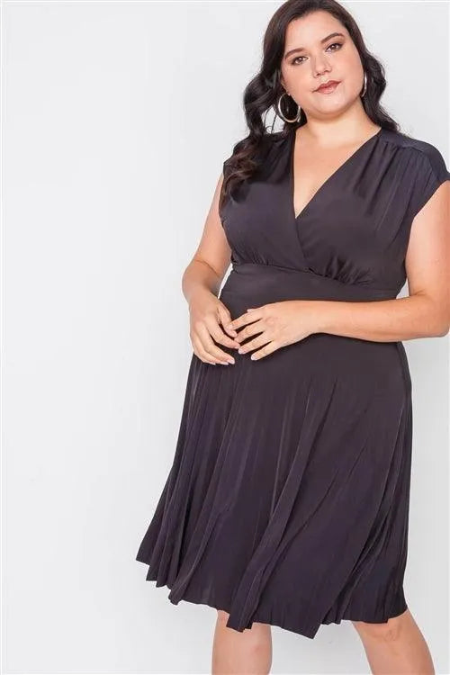 Plus Size Black Pleat Accordion Fit & Flair Dress /2-2 - Tasha Apparel Wholesale