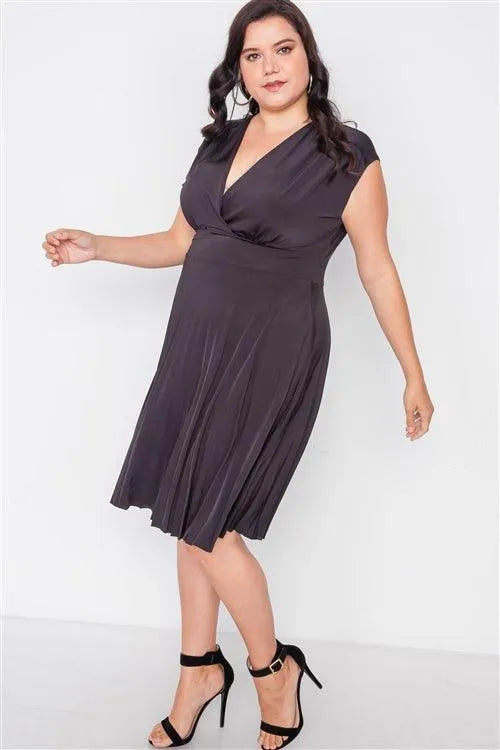 Plus Size Black Pleat Accordion Fit & Flair Dress - Tasha Apparel Wholesale