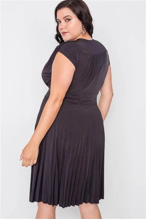 Plus Size Black Pleat Accordion Fit & Flair Dress - Tasha Apparel Wholesale