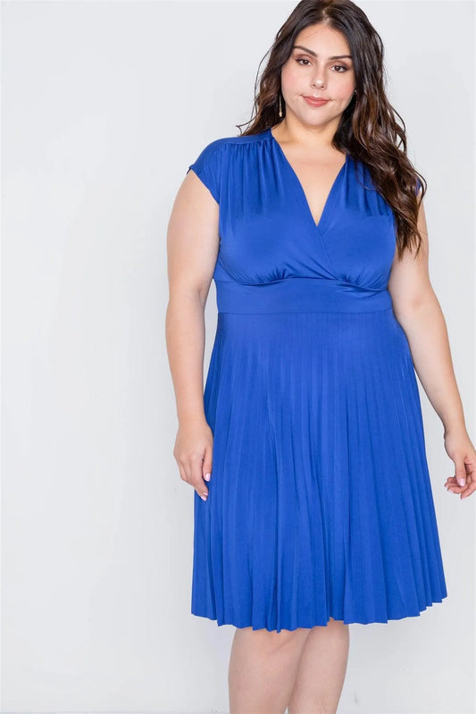Plus Size Cobalt Pleat Accordion Fit & Flair Dress - Tasha Apparel Wholesale