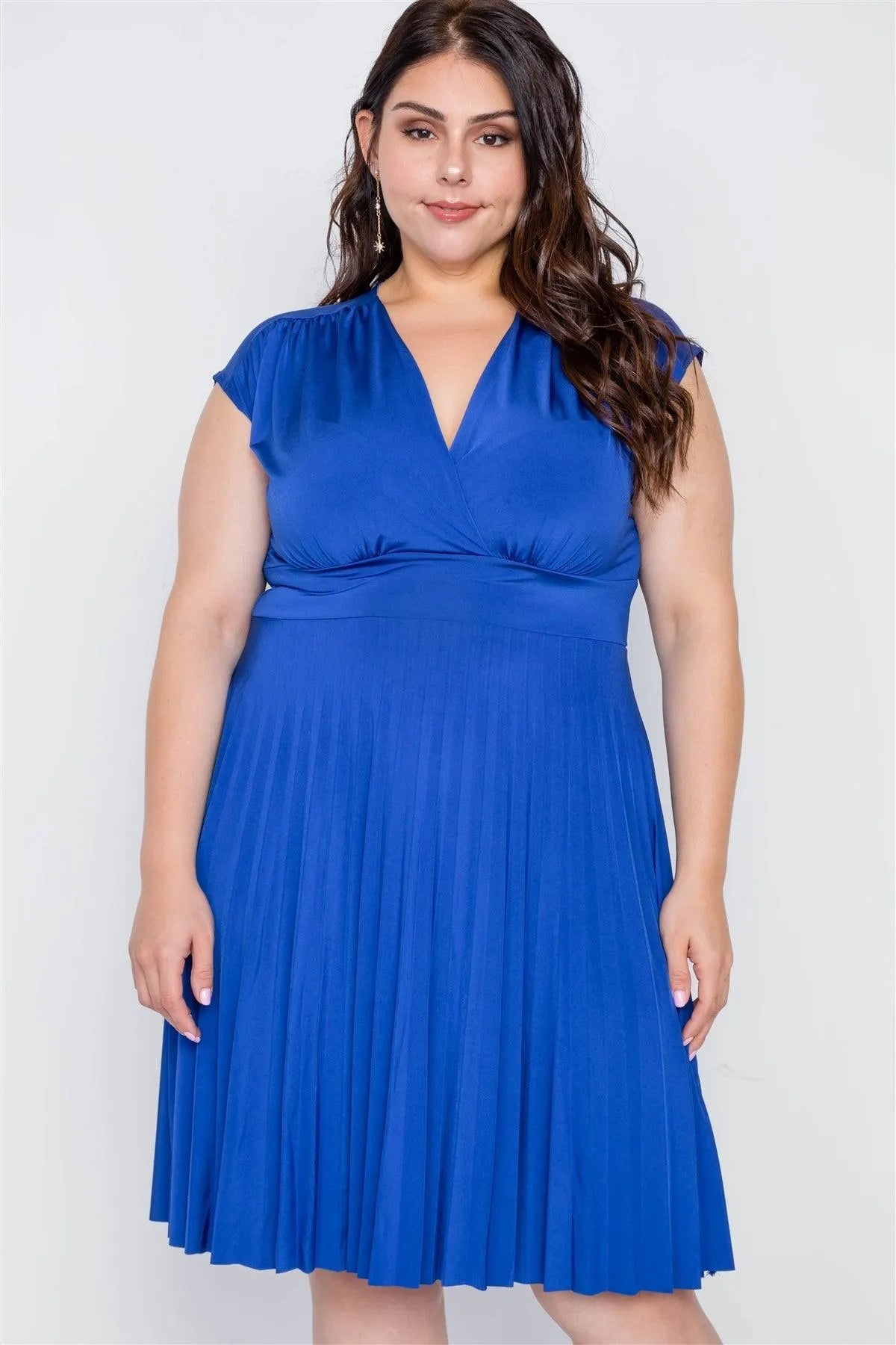 Plus Size Cobalt Pleat Accordion Fit & Flair Dress - Tasha Apparel Wholesale