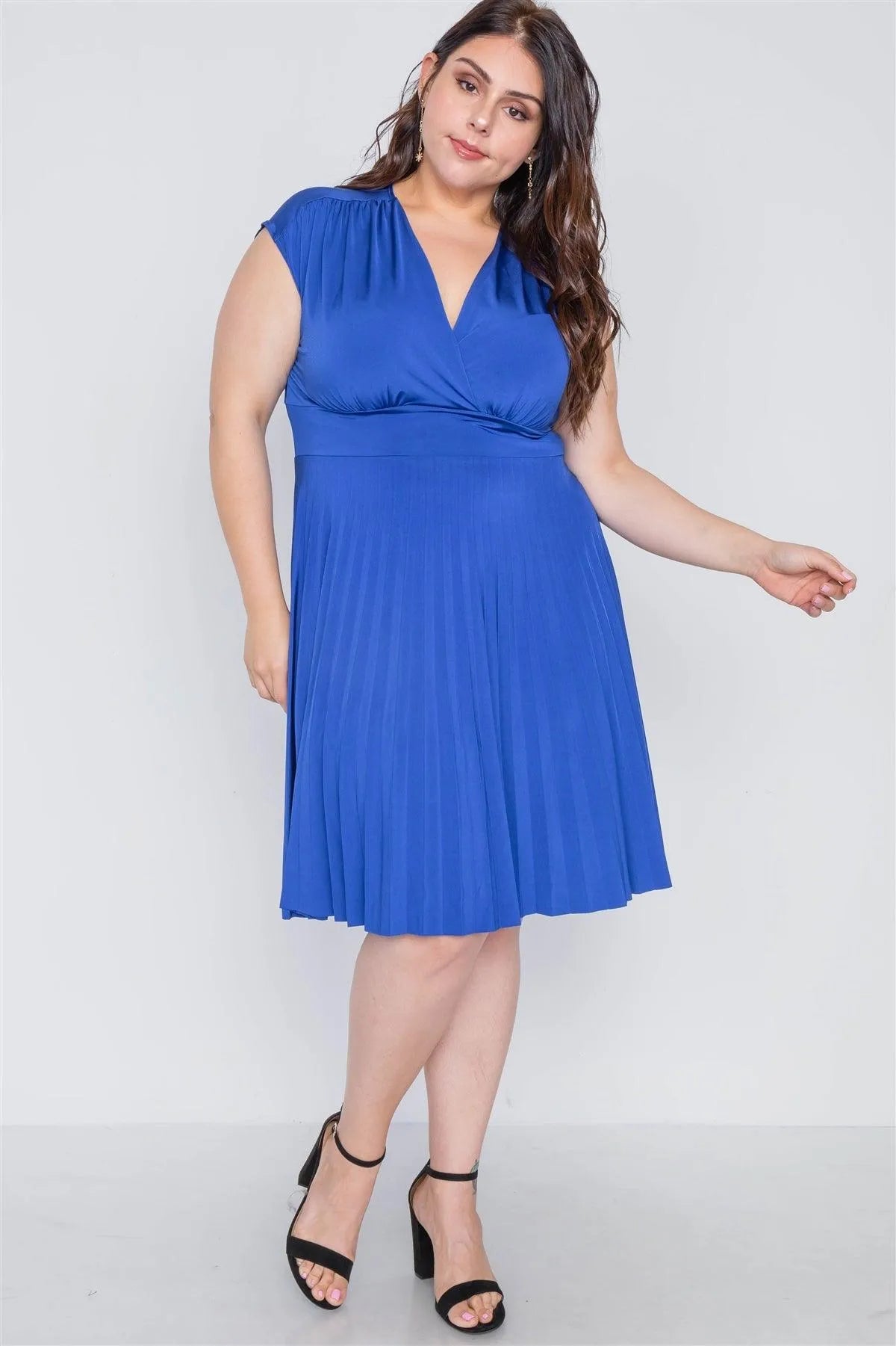 Plus Size Cobalt Pleat Accordion Fit & Flair Dress - Tasha Apparel Wholesale
