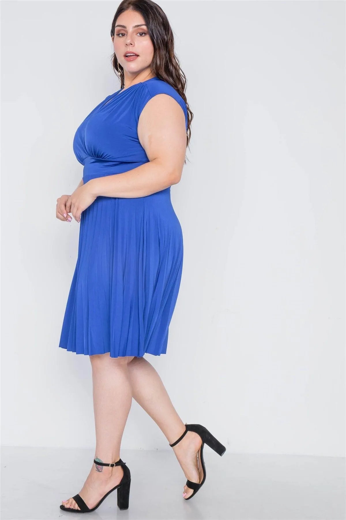 Plus Size Cobalt Pleat Accordion Fit & Flair Dress - Tasha Apparel Wholesale