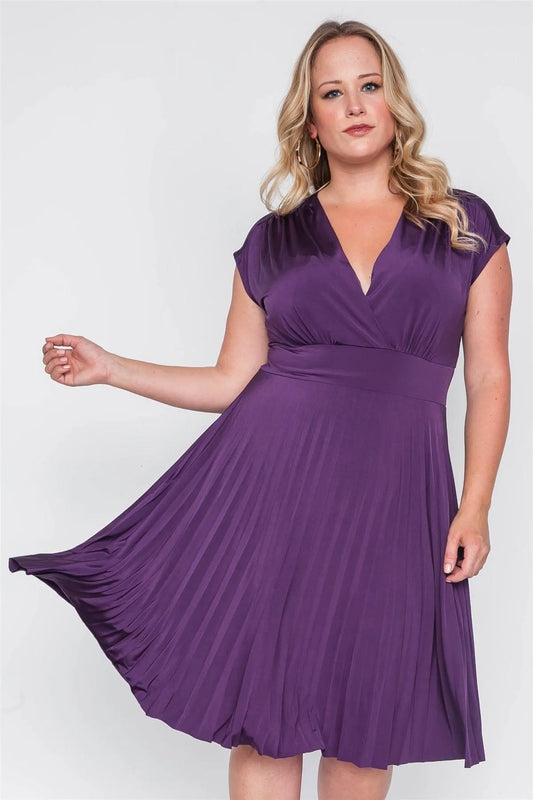 Plus Size Dark Purple Pleat Accordion Fit & Flair Dress - Tasha Apparel Wholesale