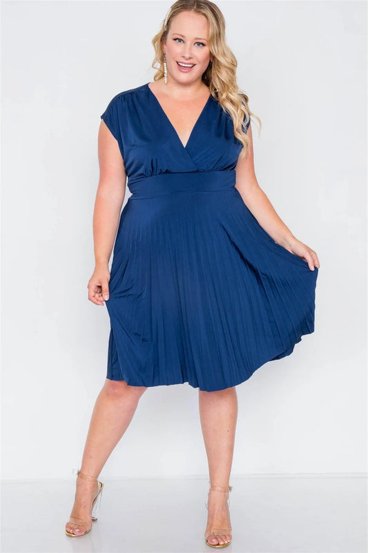 Plus Size Navy Blue Pleat Accordion Fit & Flair Dress - Tasha Apparel Wholesale
