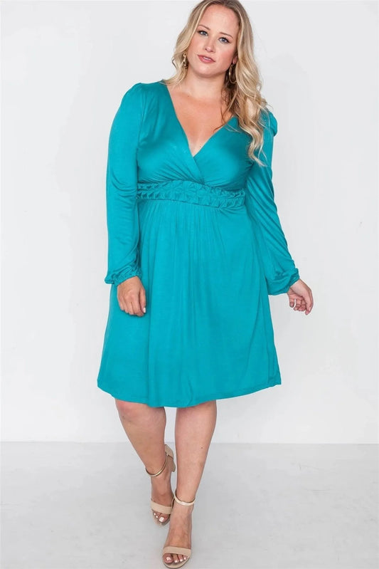 Plus Size Shoreline Turquoise Long Sleeve Dress - Tasha Apparel Wholesale