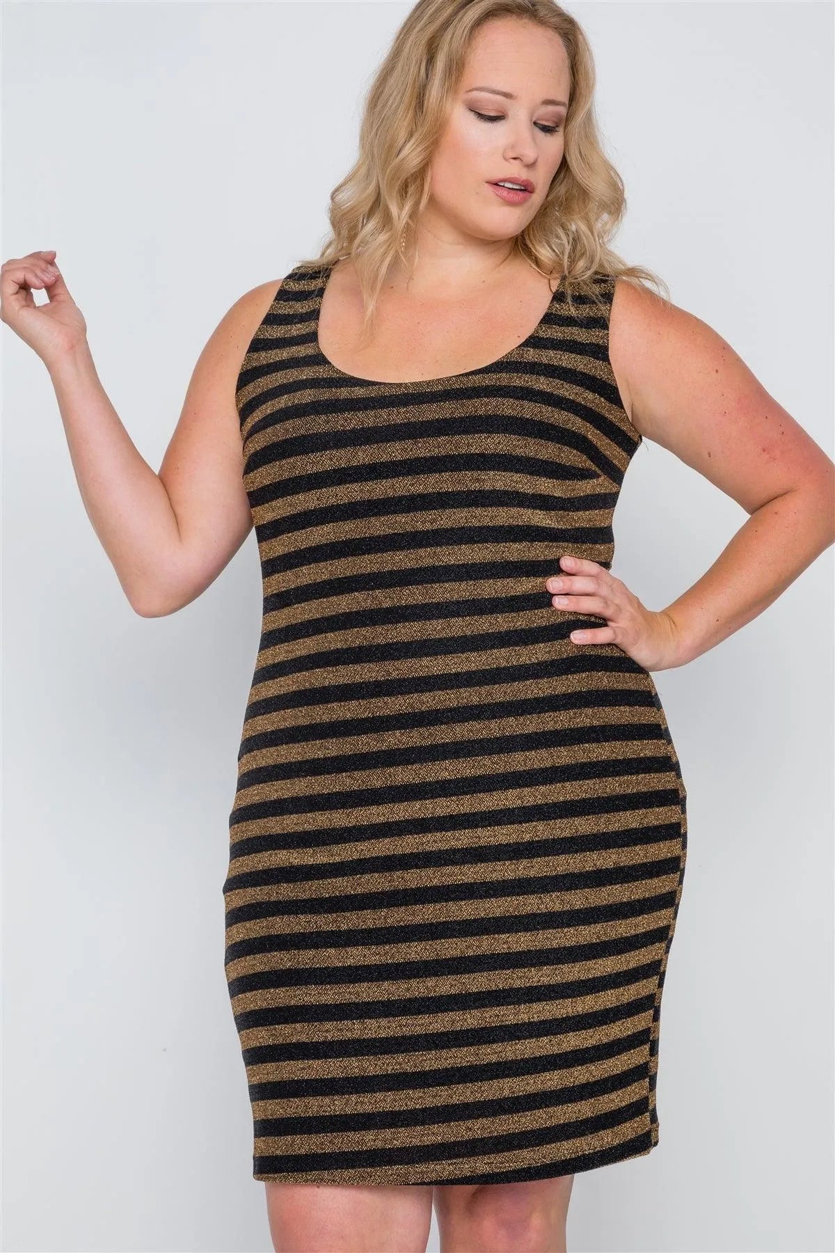 Plus Size Black Gold Stripe Bodycon Mini Dress - Tasha Apparel Wholesale