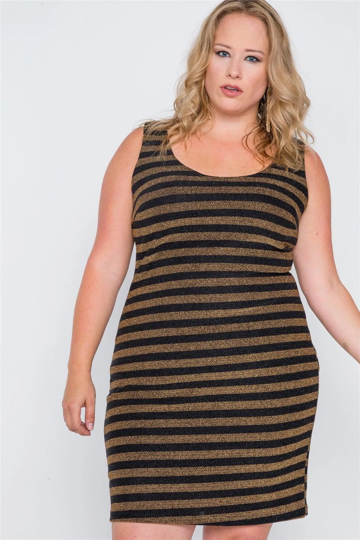 Junior Plus Size Black Gold Stripe Bodycon Mini Dress /1-3-3 - Tasha Apparel Wholesale