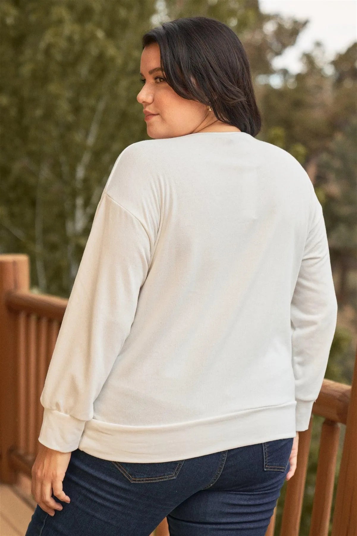 Junior Plus White Metaphor Printed Long Sleeve Relaxed Sweatshirt Top - Tasha Apparel Wholesale