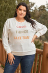 Junior Plus White Metaphor Printed Long Sleeve Relaxed Sweatshirt Top /3-2-1 - Tasha Apparel Wholesale